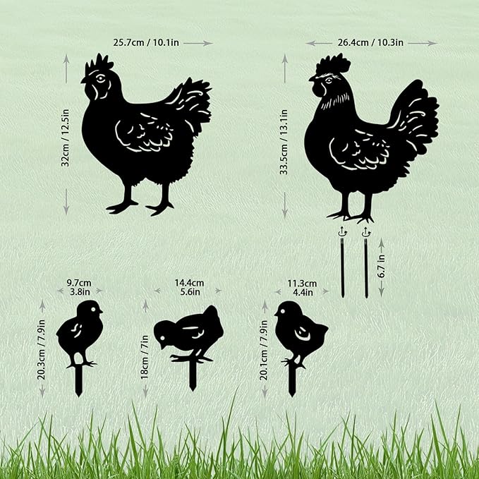 5 Pack Chicken Metal Garden Decorative Stakes, Weather Proof Silhouette Statues - Image 4
