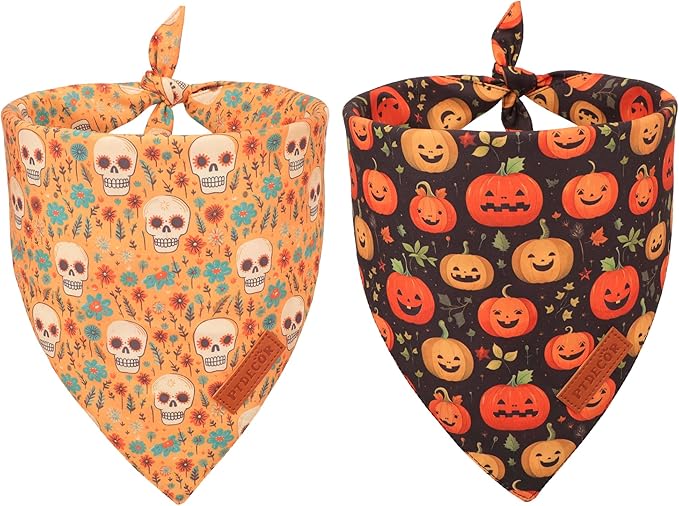 PTDECOR Halloween Dog Bandana, Skeleton Pumpkin Reversible Holiday Dog Scarf by PTDECOR