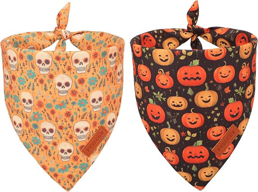 PTDECOR Halloween Dog Bandana, Skeleton Pumpkin Reversible Holiday Dog Scarf by PTDECOR