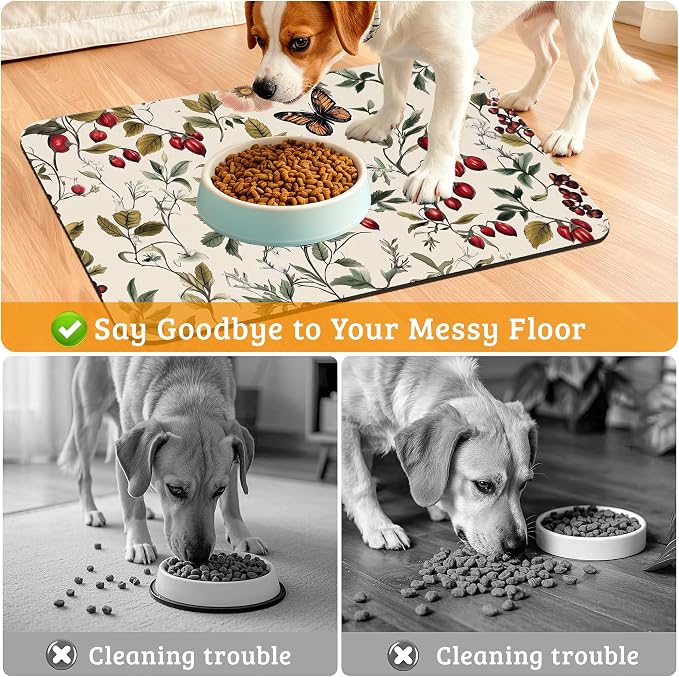Butterfly Flower Dog Food Mat, Vintage Berry Absorbent Pet Feeding Mat - Image 4