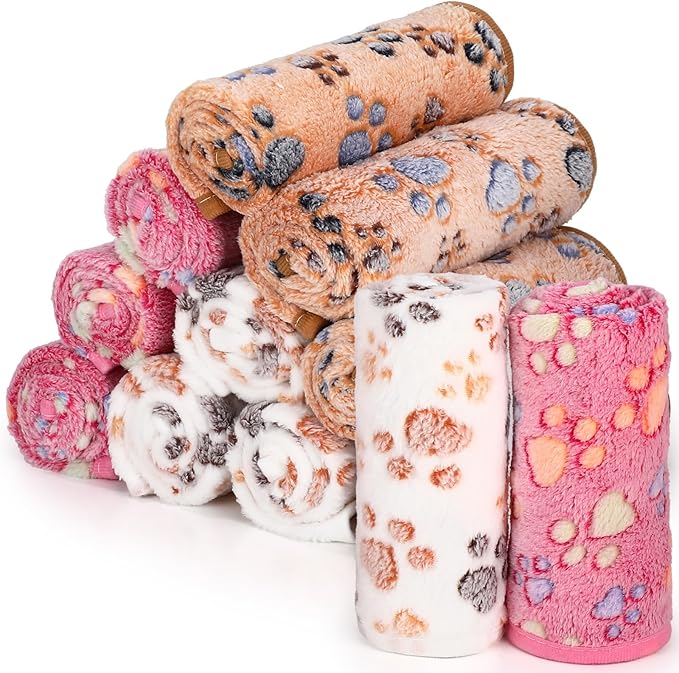 Tegeme 12 Pcs Pet Blankets Soft Fluffy Fleece Dog Cat Warm Paw Print Pattern by Tegeme