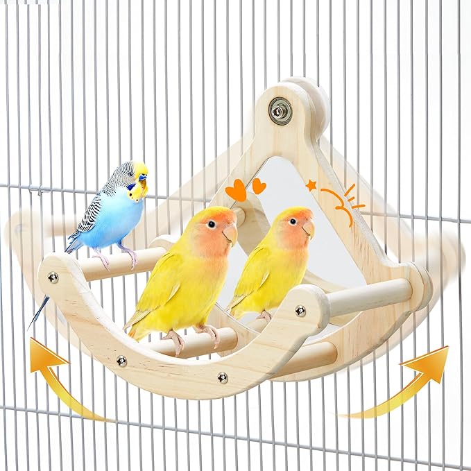 Bird Perch Toy with Mirror for Cage, Interactive Rocking Parakeet Toys and by Jevnd