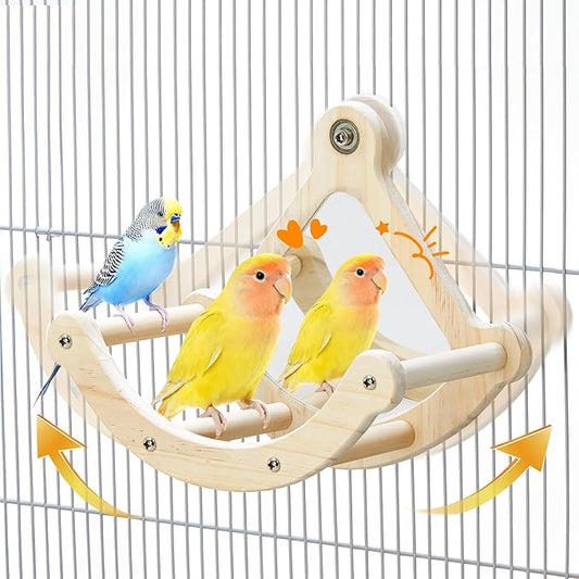 Bird Perch Toy with Mirror for Cage, Interactive Rocking Parakeet Toys and by Jevnd