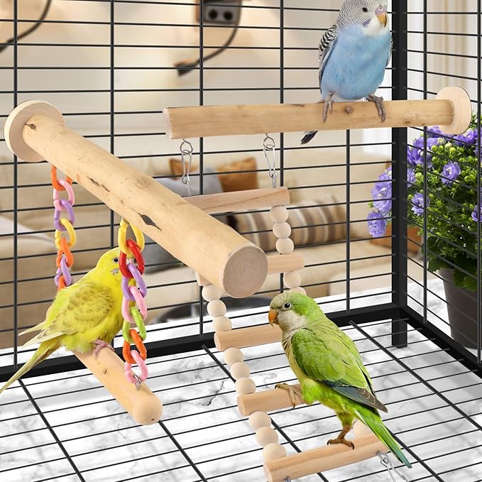 Bird Perches Ladder with Swing, Natural Wood Parrot Climbing Bridge Perch Toys - Image 6
