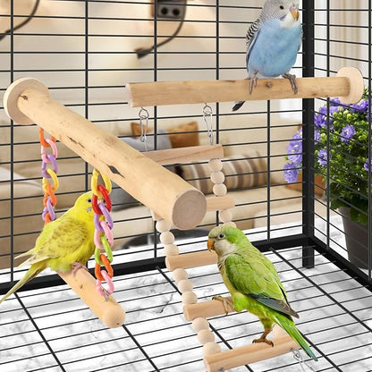 Bird Perches Ladder with Swing, Natural Wood Parrot Climbing Bridge Perch Toys - Image 6