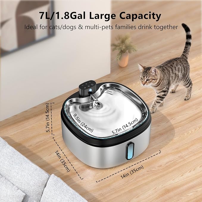 Wireless Cat/Dog Water Fountain 7L/236oz/1.8Gal, DRLWXYSJ Stainless Steel - Image 2