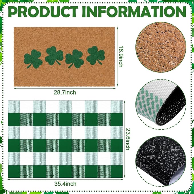 Tinideya 2 Pcs St. Patrick's Day Door Mat Shamrock Welcome Non Slip Green and - Image 2