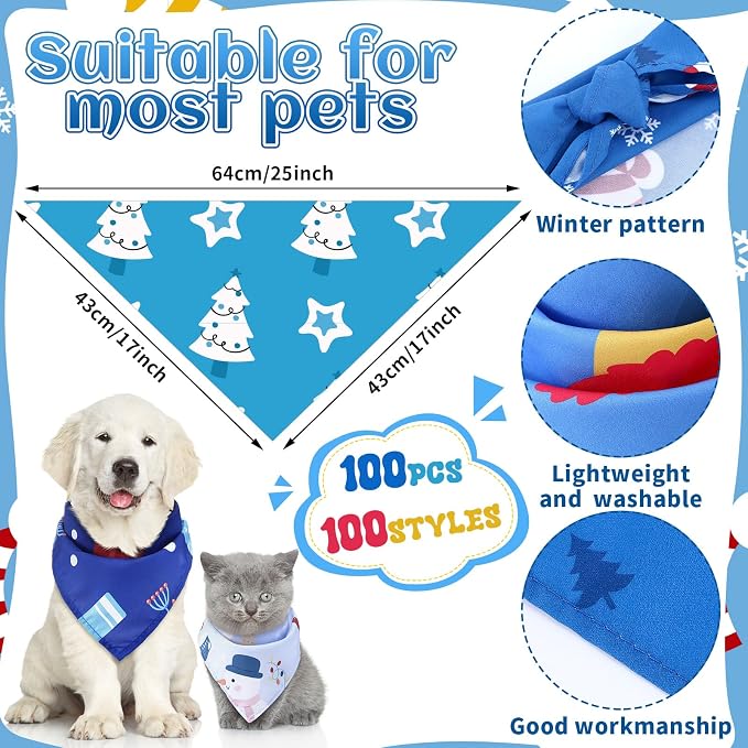 100 Pcs Winter Dog Bandanas Bulk Pet Bibs Blue Triangle Scarf Snowflake Pet - Image 2