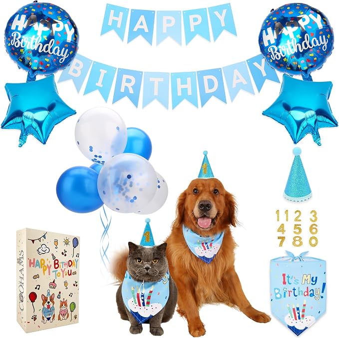 Dog & Cat Birthday Party Decorations Set Include Bandana, Adjustable Hat by COOHAMS