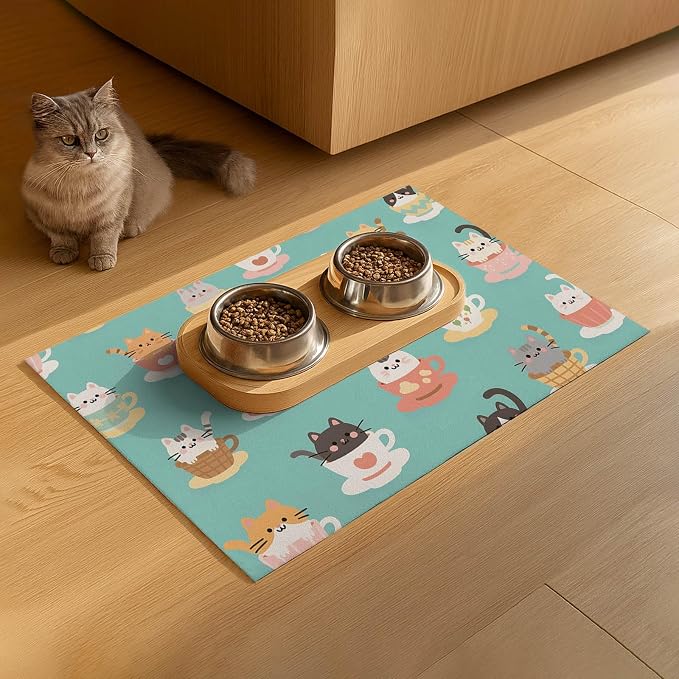 Cat Feeding Mat 24x16 inch Teacup Kitten Print Pet Bowl Placemat Non Slip Floor - Image 9