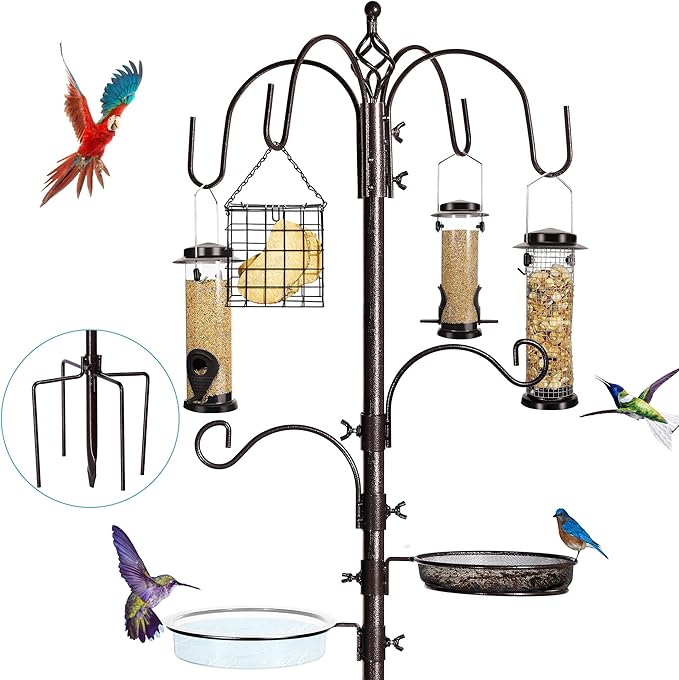 6-Hook Bird Feeding Station Kit, Wild Bird Feeder Stand Pole, Bird Bath and by YINGYM