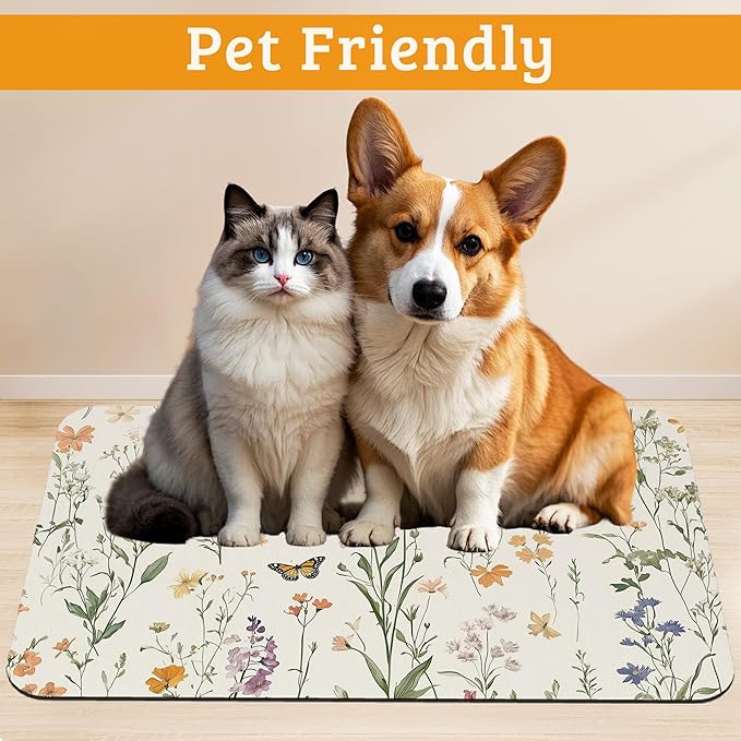 Wildflowers Butterfly Dog Cat Food Mat, Plants Absorbent Waterproof Placemat - Image 2