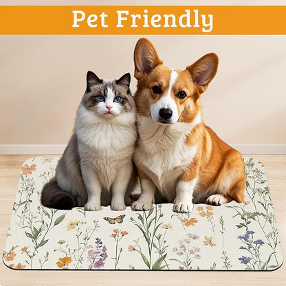 Wildflowers Butterfly Dog Cat Food Mat, Plants Absorbent Waterproof Placemat - Image 2