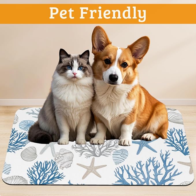 Seashell Beach Feeding Mat, Coral Starfish Absorbent Quick-Dry Cat Dog Food and - Image 2