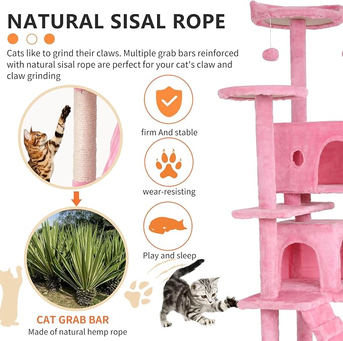70 Inch Pink Cat Tree, Tall Cat Tower - Image 3