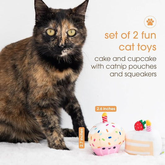 Pearhead Happy Birthday Cake Cat Toy Set, Stuffed Birthday Cake and Cupcake Cat - Image 2
