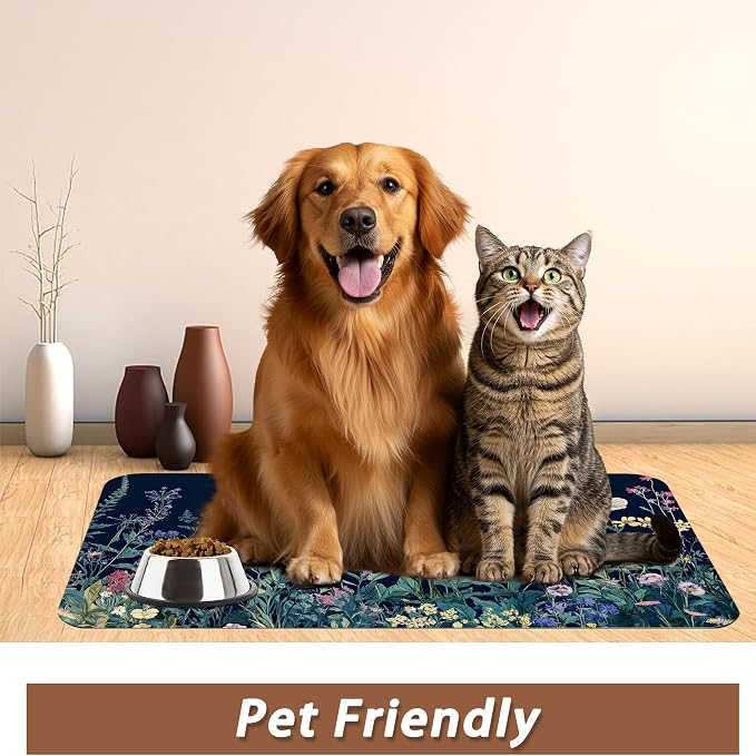 Wildflower Spring Floral Dog Cat Food Mat, Garden Flowers Absorbent Pet Feeding - Image 6