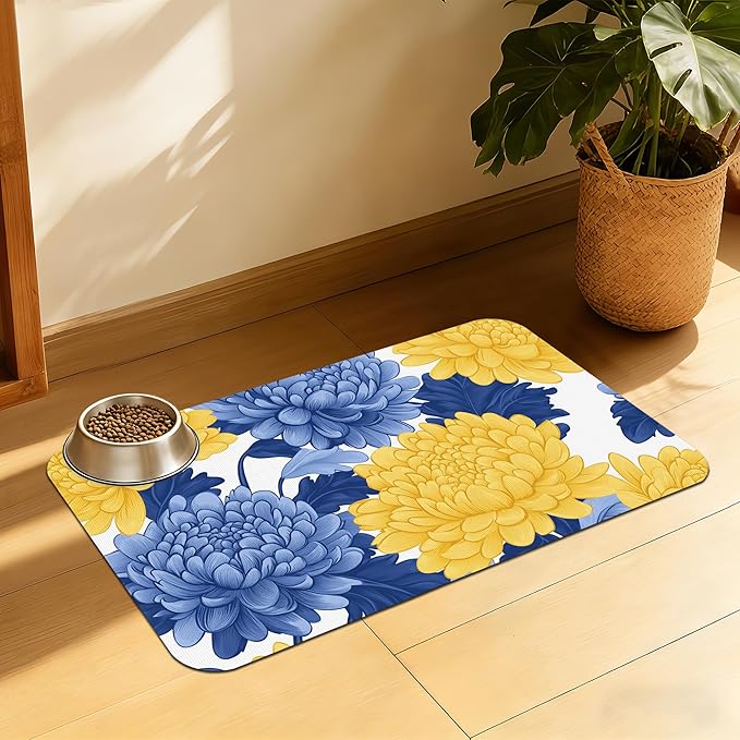 Blue Yellow Flowers Pet Feeding Mat, Quick Dry Absorbent Water Bowl Mat by QSOQSO