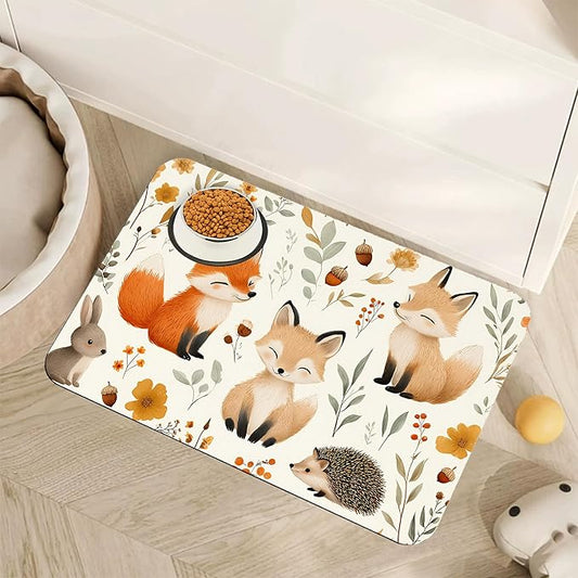 Fox Hedgehog Rabbit Forest Dog Cat Food Mat, Absorbent Pet Feeding Mat by Unknown