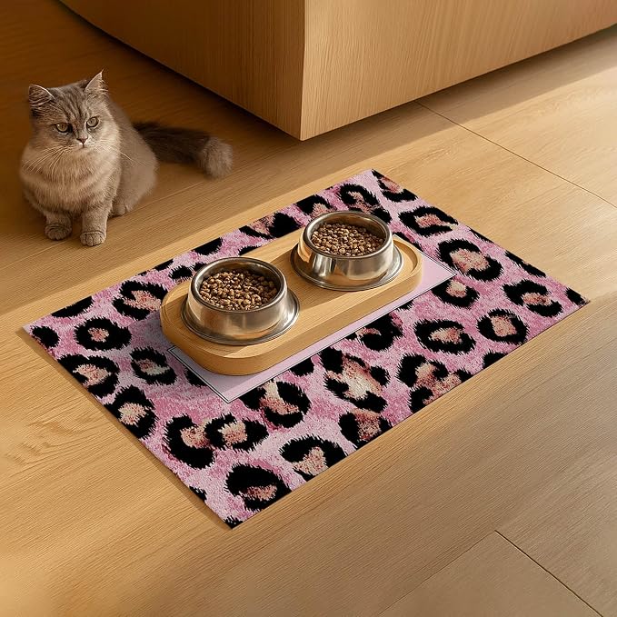 Puppy Feeding Mat 24x16 inch Pink Leopard Print Pet Bowl Placemat Non Slip - Image 9