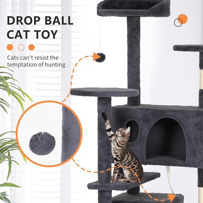 BestPet | 62" Cat Tree Tower | Dark Gray | Sturdy, Hanging Cat Toys, - Image 3
