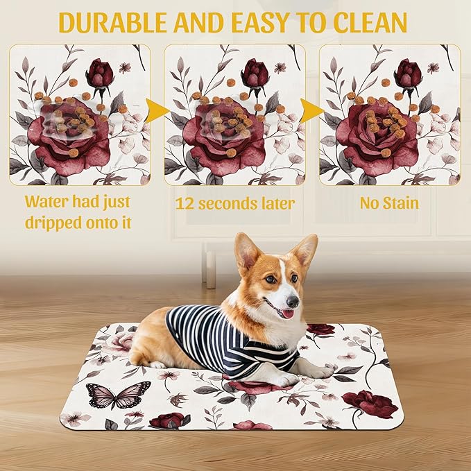Vintage Flower Butterfly Dog Cat Food Mat, Absorbent Feeding Placemat, - Image 5