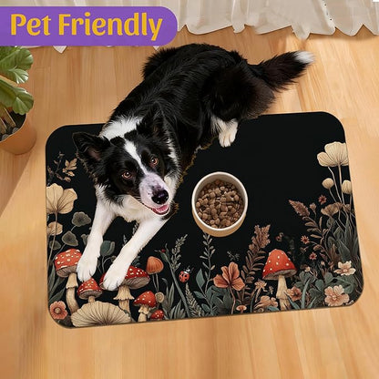 Vintage Mushroom Flower Pet Feeding Mat, Absorbent Dog Cat Bowl Pad, Fast Dry - Image 7