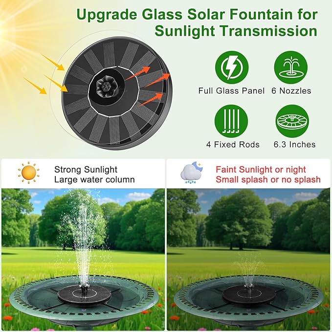 Solar Fountain Pump with Spray Height Adjustment, Upgrade Glass Solar Bird Bath - Image 4