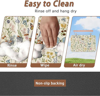 Wildflowers Dog Cat Food Mat, Vintage Botanical Garden Plants Herb Butterfly - Image 4