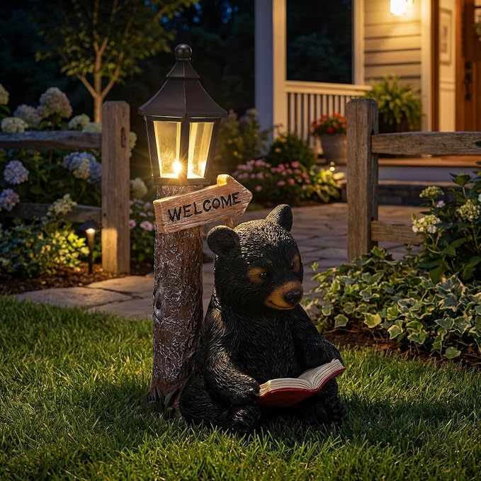 Lyeasw Garden Statues Bears, Solar Reading Bear Statue by Lyeasw