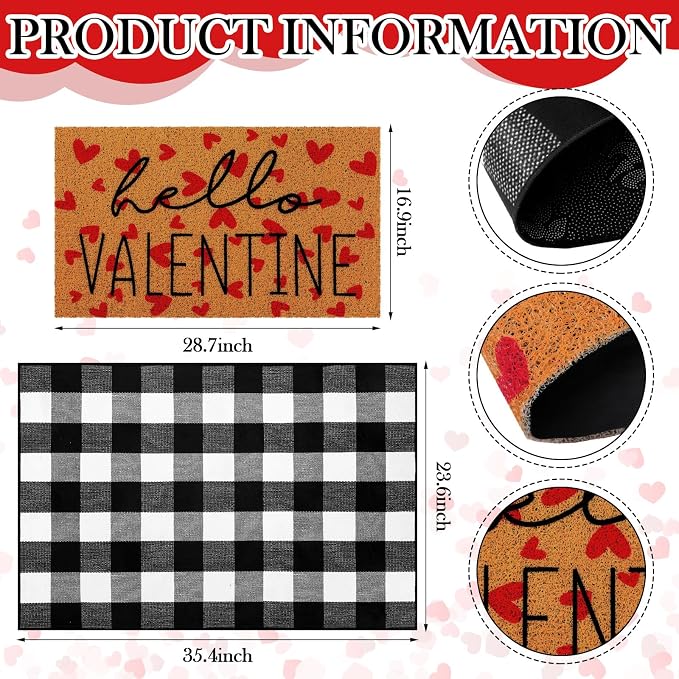 Tinideya 2 Pcs Valentine Door Mat Hello February 14th Welcome Non Slip Coir - Image 2