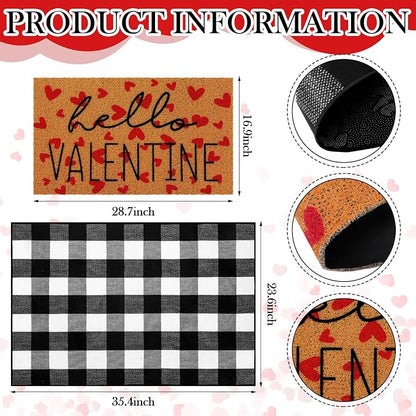 Tinideya 2 Pcs Valentine Door Mat Hello February 14th Welcome Non Slip Coir - Image 2