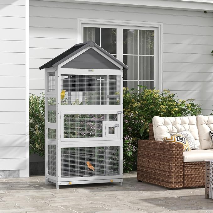 PawHut Wooden Bird Aviary, Three Doors, Perches - Image 2