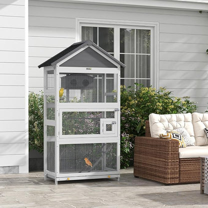 PawHut Wooden Bird Aviary, Three Doors, Perches - Image 2