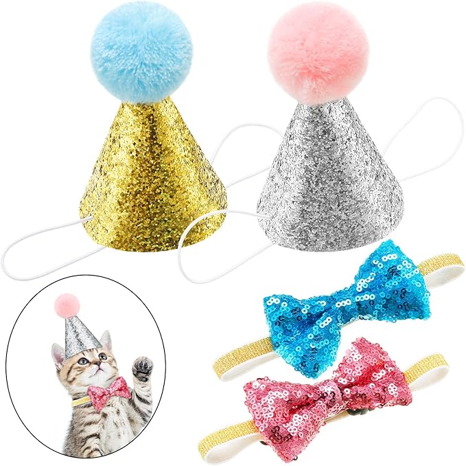 SATINIOR 4 Pieces Cat Birthday Hat Bowtie Small Dog Hat Headband Topper Bowtie by SATINIOR