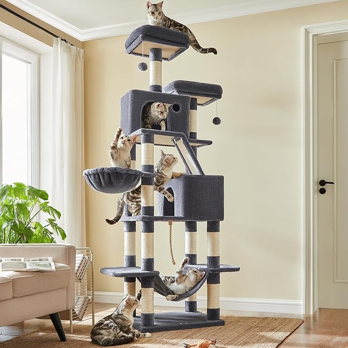 Feandrea Cat Tree, 81.1-Inch Large Cat Tower, 2 Perches, 2 Caves, Smoky Gray by FeandreabySONGMICSHOME