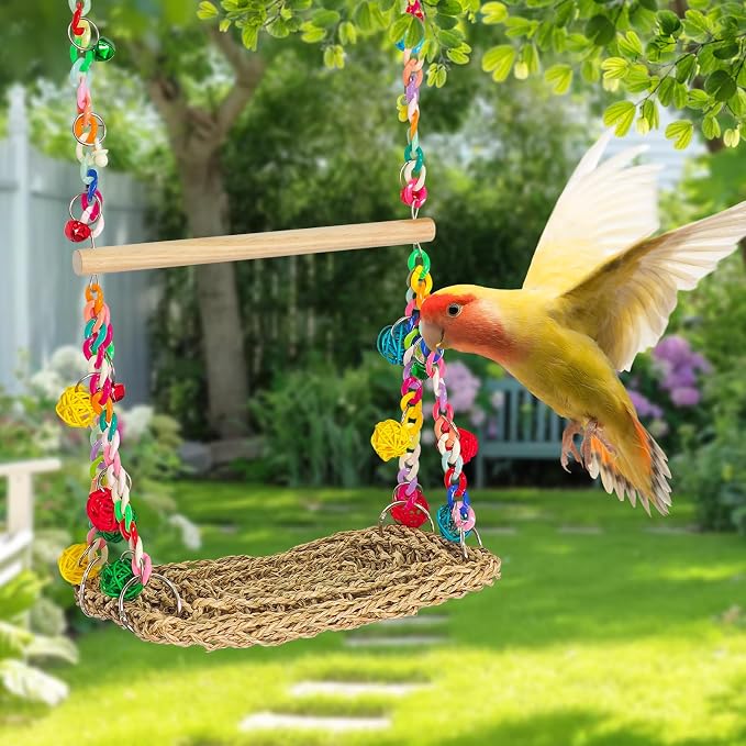 Natural Bird Swing Toys with Wood Perch, Double Layer Bird Seagrass Woven - Image 3