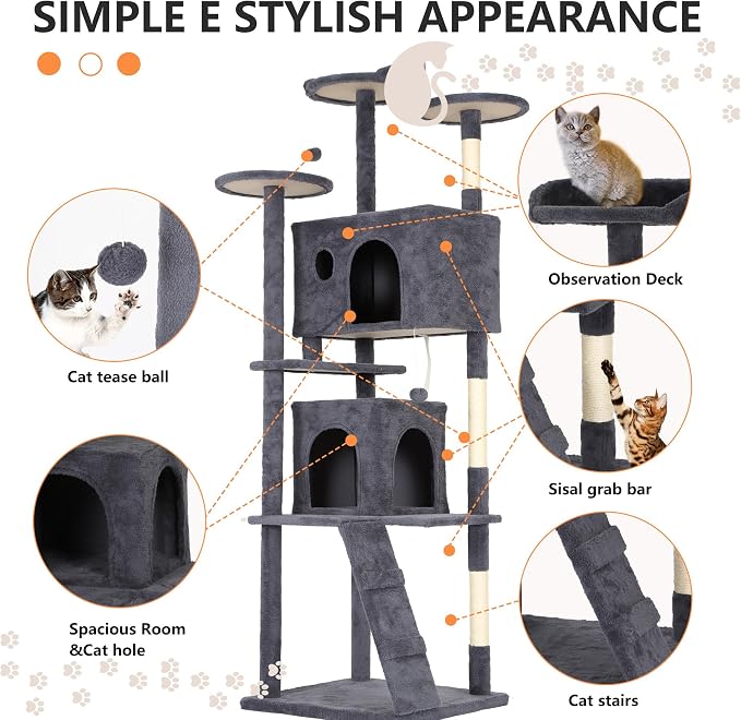 BestPet | 81" Cat Tree Tower | Dark Gray | Sturdy, Hanging Cat Toys, - Image 6
