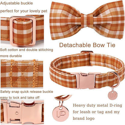 Fall Plaid Dog Collar and Bow Tie Set – Brown Orange Checkered Adjustable Collar - Image 3