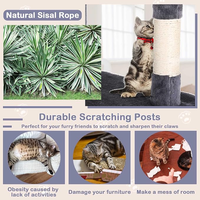 Heavy Duty Cat Tree Tower, Cat Condo, Hanging Ball, Light Grey - Image 5