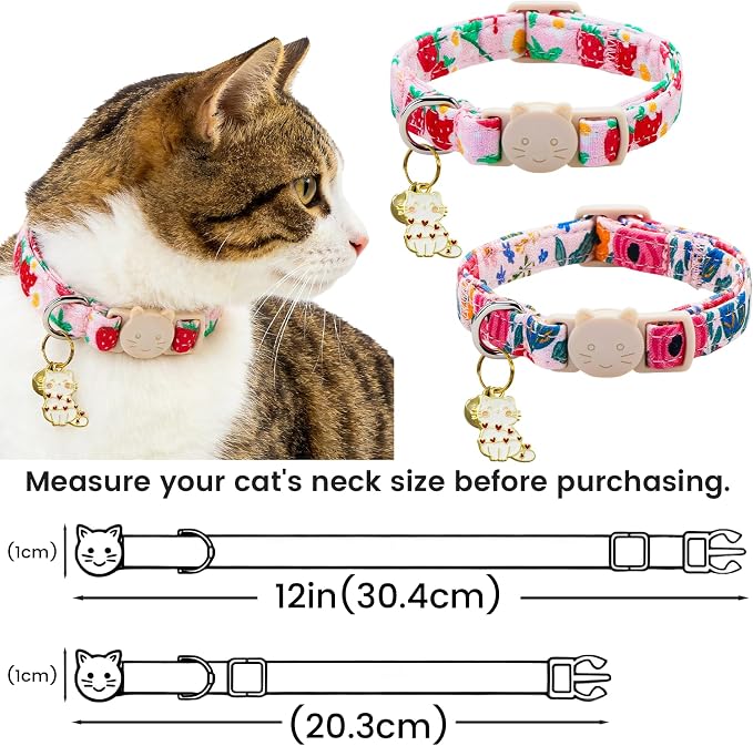 Spring Cat Collar-2 Pack Collars Strawberry and Flower Print Breakaway - Image 2