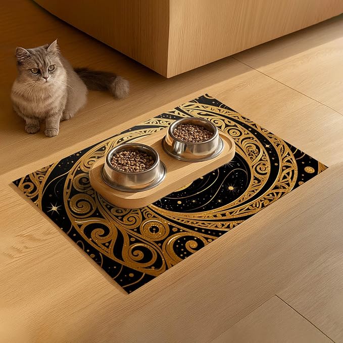 Cat Feeding Mat 24x16 inch Gold Black Artistic Cat Print Pet Bowl Placemat Non - Image 9