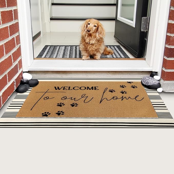 Tinideya 2 Pcs Pet Theme Door Mat Paw Welcome Non Slip Coir Mats Dog Cat Floor - Image 4