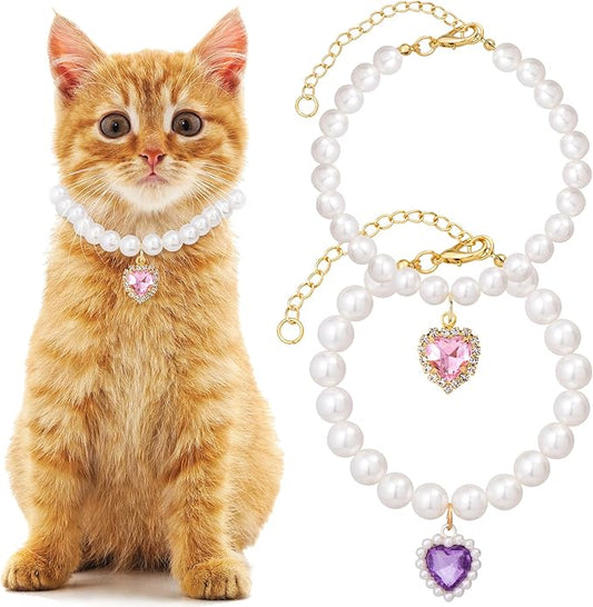 2pcs Cat Pearl Collar with Heart Pendant, Cute Pearl Pet Necklace in Small by Unknown
