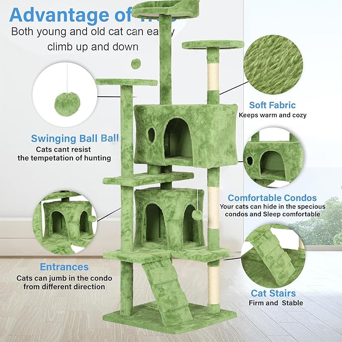 FDW | 70" Cat Tree Tower | Green | Multi-Level Indoor Activity Center - Image 5