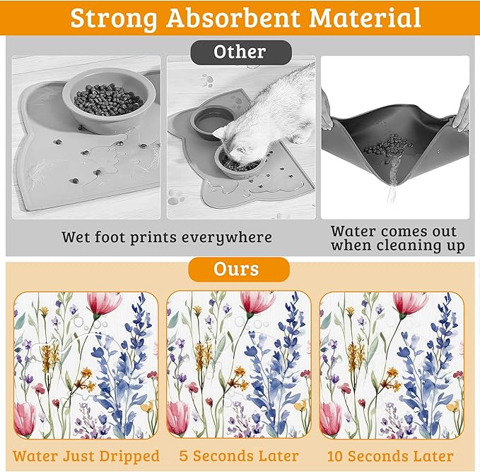 Flowers Butterfly Dog Food Mat, Colorful Absorbent Pet Feeding Mat - Image 3