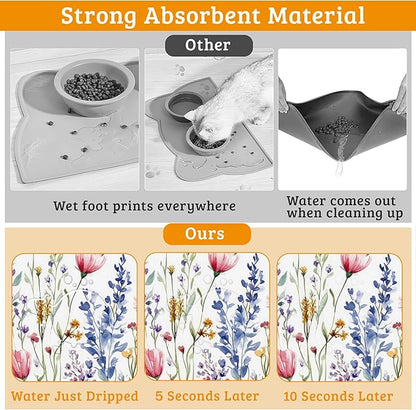 Flowers Butterfly Dog Food Mat, Colorful Absorbent Pet Feeding Mat - Image 3