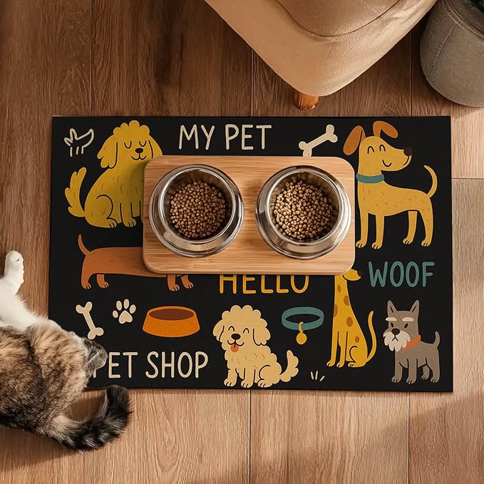 Cute Happy Dog Pattern Design Pet Food Mat 20" x 12" Fun Easy Clean Pet Feeding - Image 5