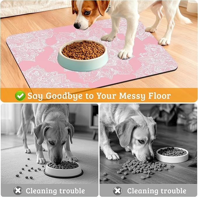 Pet Feeding Mat, Boho Mandala Absorbent Dog Cat Food Mat Pink Flower Dog Mat - Image 4