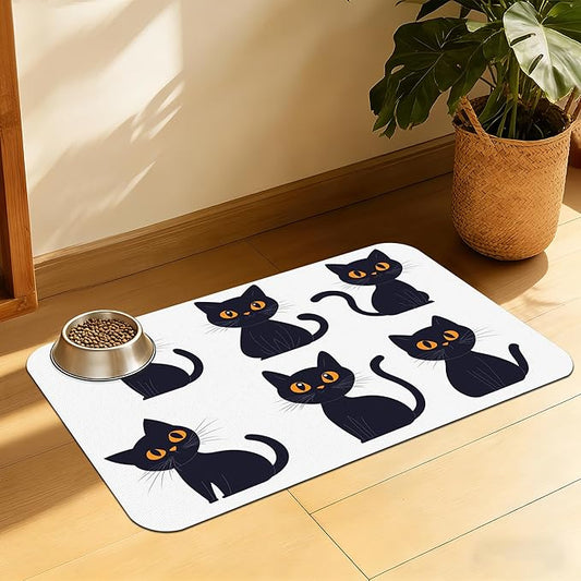 Cute Black Cats Pet Feeding Mat, Absorbent Dog and Cat Bowl Pad, Fast Dry by QSOQSO